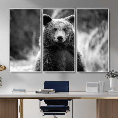 MGV-FC-48X32-3P - Grizzly Bear Wall Art Canvas Print, Framed Black White Bear Art Picture Print, Wild Bear Perfect Rustic Wildlife Decor Artwork