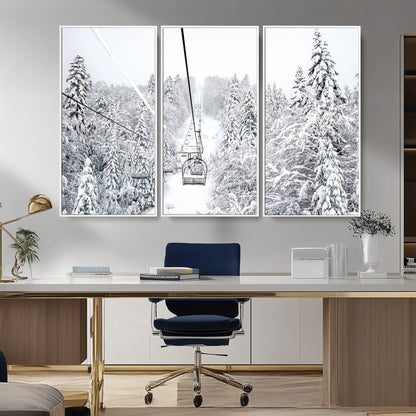 60296839-MGV-CV-36X24-Snowy Mountains Wall Art Canvas Print, Framed Ski Lift Art Picture Print, Winter Forest Perfect Winter Minimalist Decor Artwork