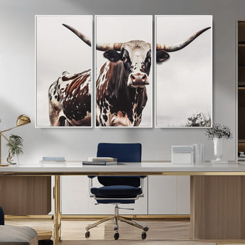 95249234-MGV-CV-36X24-Texas Longhorn Wall Art Canvas Print, Framed Spotted Bull Art Picture Print, Horned Cattle Perfect Rustic Farmhouse Decor Artwork