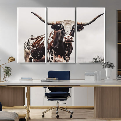 95249234-MGV-CV-36X24-Texas Longhorn Wall Art Canvas Print, Framed Spotted Bull Art Picture Print, Horned Cattle Perfect Rustic Farmhouse Decor Artwork
