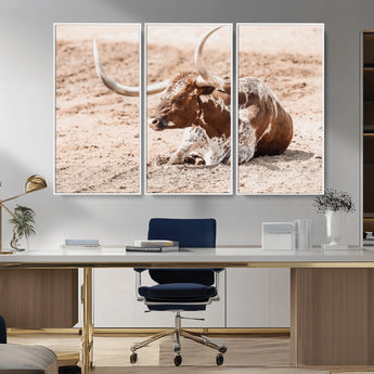 91248682-MGV-CV-36X24-Texas Longhorn Wall Art Canvas Print, Framed Resting Bull Art Picture Print, Spotted Cattle Perfect Rustic Western Decor Artwork
