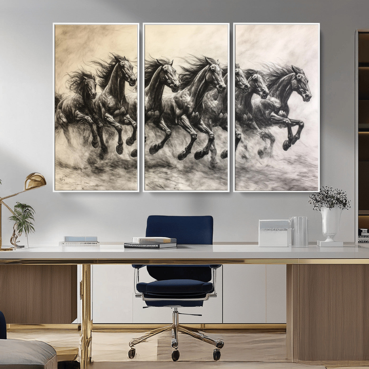 56089591-MGV-CV-36X24-Galloping Horses Wall Art Canvas Print, Framed Wild Stallions Art Picture Print, Horse Herd Sketch Perfect Monochrome Dynamic