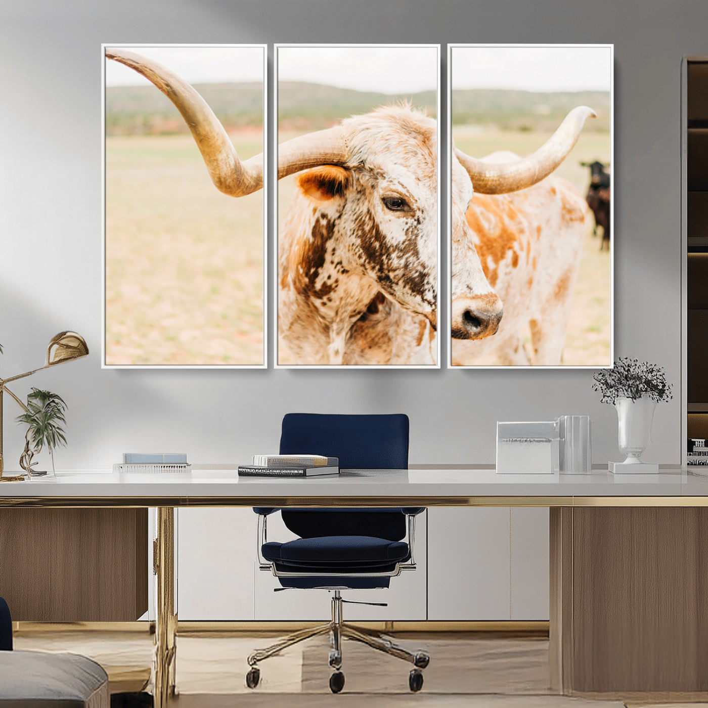 21060648-MGV-CV-36X24-Texas Longhorn Wall Art Canvas Print, Framed Speckled Cow Art Picture Print, Rustic Bull Perfect Rustic Western Decor Artwork