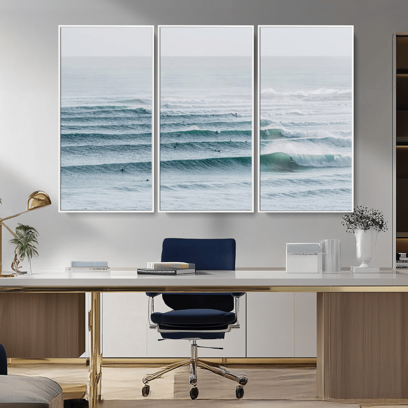 73969318-MGV-CV-36X24-Ocean Waves Wall Art Canvas Print, Framed Surfer Lineup Art Picture Print, Crowded Ocean Perfect Minimal Coastal Decor Artwork