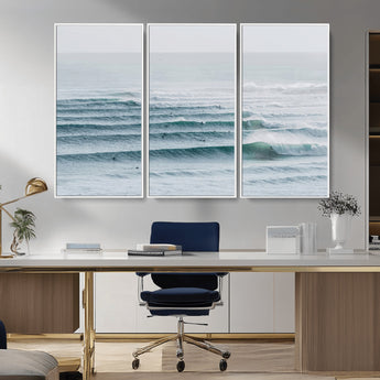 73969318-MGV-CV-36X24-Ocean Waves Wall Art Canvas Print, Framed Surfer Lineup Art Picture Print, Crowded Ocean Perfect Minimal Coastal Decor Artwork