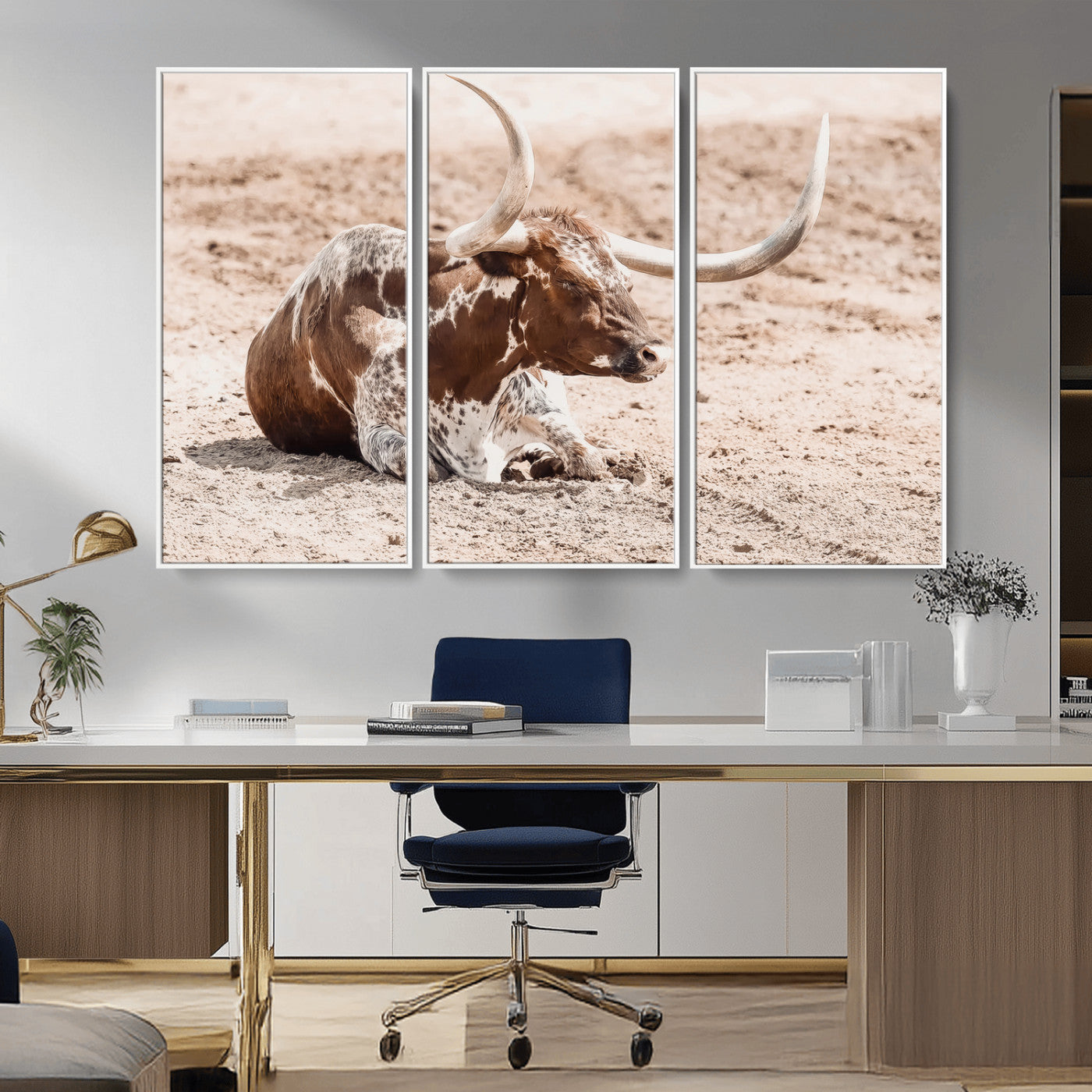 25407592-MGV-CV-36X24-Texas Longhorn Wall Art Canvas Print, Framed Resting Bull Art Picture Print, Spotted Cattle Perfect Rustic Western Decor Artwork