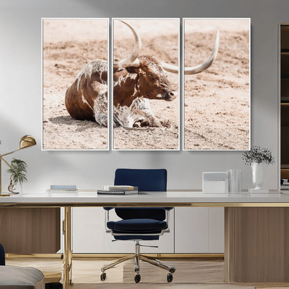25407592-MGV-CV-36X24-Texas Longhorn Wall Art Canvas Print, Framed Resting Bull Art Picture Print, Spotted Cattle Perfect Rustic Western Decor Artwork