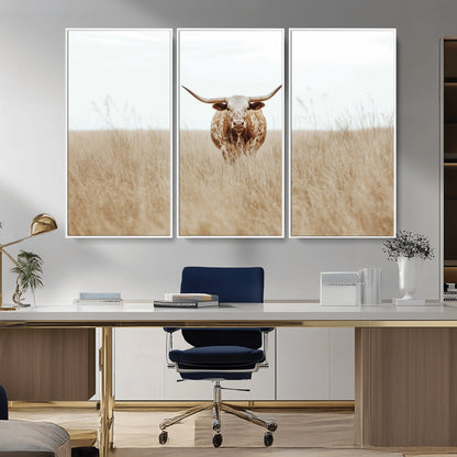 20927060-MGV-CV-36X24-Texas Longhorn Wall Art Canvas Print, Framed Lone Cattle Art Picture Print, Longhorn Bull Perfect Rustic Western Decor Artwork