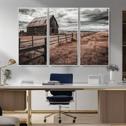 73898372-MGV-CV-36X24-Rustic Barn Wall Art Canvas Print, Framed Moody Field Art Picture Print, Weathered Fence Perfect Moody Farmhouse Decor Artwork