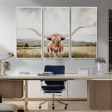 80054319-MGV-FC-48X32-3P_White-Longhorn Wall Art – Rustic Western Canvas Print, Majestic Bull Artwork for Farmhouse, Ranch or Living Room