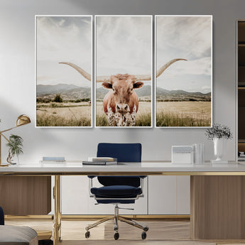 80054319-MGV-FC-48X32-3P_White-Longhorn Wall Art – Rustic Western Canvas Print, Majestic Bull Artwork for Farmhouse, Ranch or Living Room