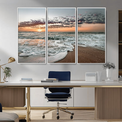 40632752-MGV-CV-36X24-Ocean Sunset Wall Art Canvas Print, Framed Beach Waves Art Picture Print, Coastal Scene Perfect Coastal Decor Artwork