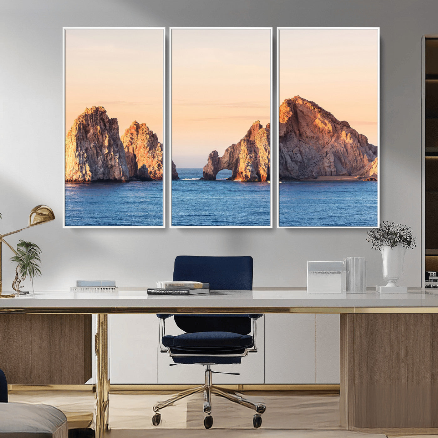 72996116-MGV-CV-36X24-El Arco Wall Art Canvas Print, Framed Cabo Rocks Art Picture Print, Ocean Arch Perfect Golden Coastal Landmark Decor Artwork