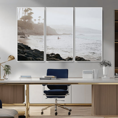 62501405-MGV-FC-48X32-3P_White-Misty Beach Wall Art Canvas Print, Framed California Surfer Art Picture Print, Coastal Cliff Perfect Coastal Beach Decor Artwork