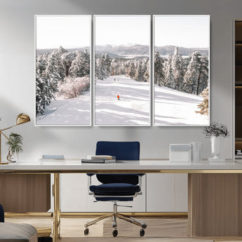 62119206-MGV-FC-48X32-3P_White-Snowy Trail Wall Art Canvas Print, Framed Ski Slope Art Picture Print, Winter Pines Perfect Alpine Adventure Decor Artwork