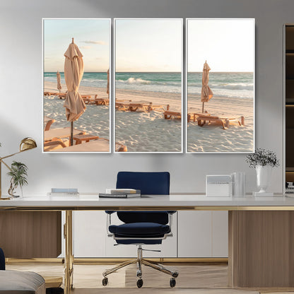 58507949-MGV-CV-36X24-Beach Umbrellas Wall Art Canvas Print, Framed Empty Loungers Art Picture Print, Soft Sand Perfect Minimalist Seaside Decor Artwork