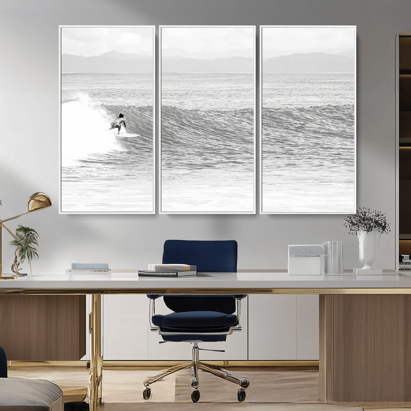 81535128-MGV-CV-36X24-Surfer Woman Wall Art Canvas Print, Framed Black Ocean Art Picture Print, Ocean Surfing Perfect Monochrome Coastal Decor Artwork