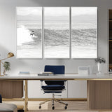 81535128-MGV-CV-36X24-Surfer Woman Wall Art Canvas Print, Framed Black Ocean Art Picture Print, Ocean Surfing Perfect Monochrome Coastal Decor Artwork