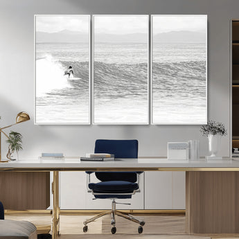 81535128-MGV-CV-36X24-Surfer Woman Wall Art Canvas Print, Framed Black Ocean Art Picture Print, Ocean Surfing Perfect Monochrome Coastal Decor Artwork