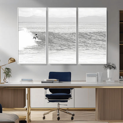 81535128-MGV-CV-36X24-Surfer Woman Wall Art Canvas Print, Framed Black Ocean Art Picture Print, Ocean Surfing Perfect Monochrome Coastal Decor Artwork