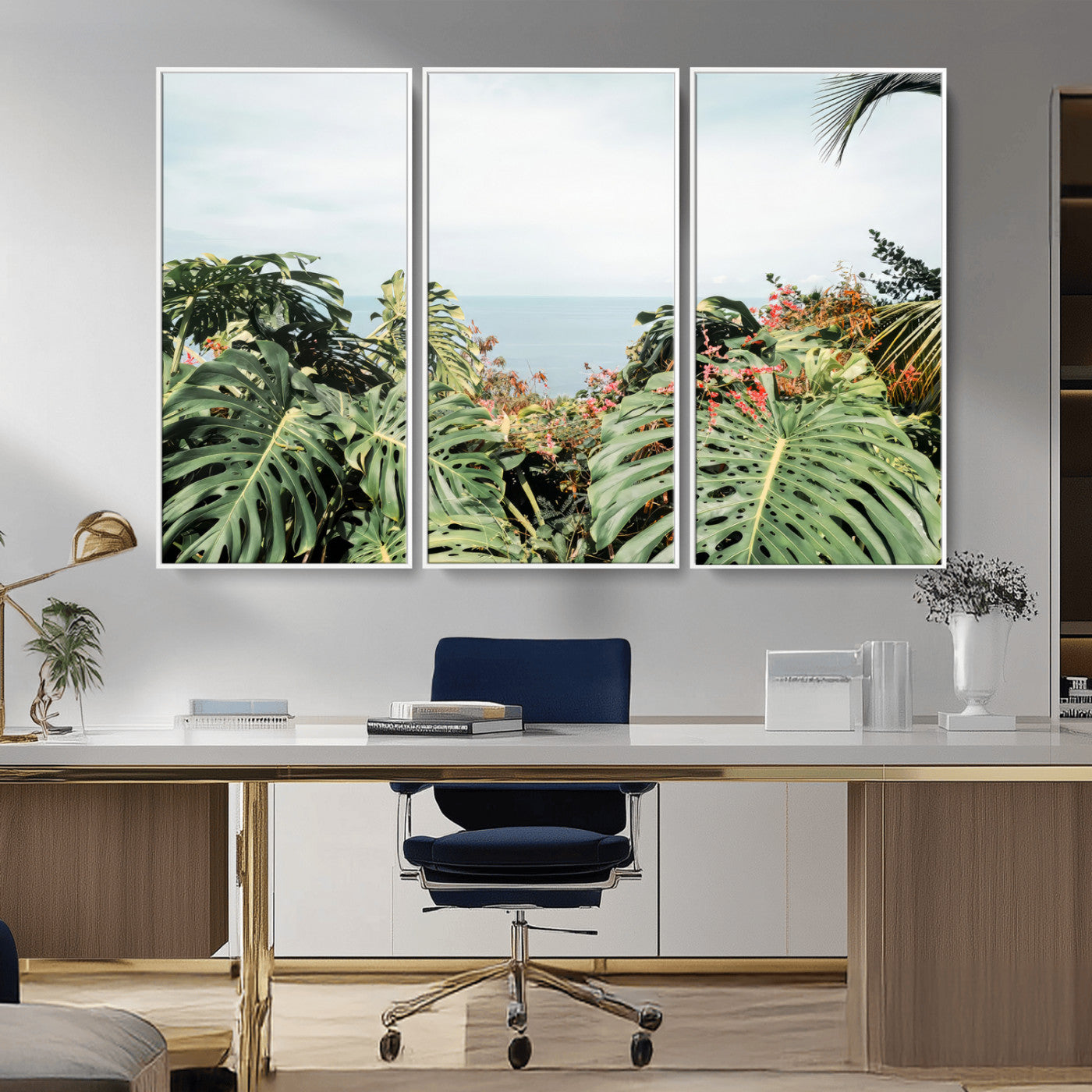 45700479-MGV-CV-36X24-Monstera Leaves Wall Art Canvas Print, Framed Tropical Ocean Art Picture Print, Tropical Foliage Perfect Tropical Coastal Jungle