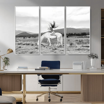 62789800-MGV-CV-36X24-White Horse Wall Art Canvas Print, Framed Woman Rider Art Picture Print, Equestrian Pose Perfect Western Boho Decor Artwork