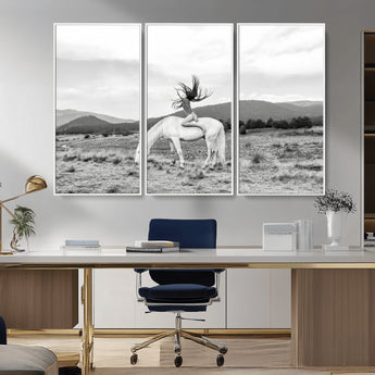 62789800-MGV-FC-48X32-3P_White-White Horse Wall Art Canvas Print, Framed Woman Rider Art Picture Print, Equestrian Pose Perfect Western Boho Decor Artwork