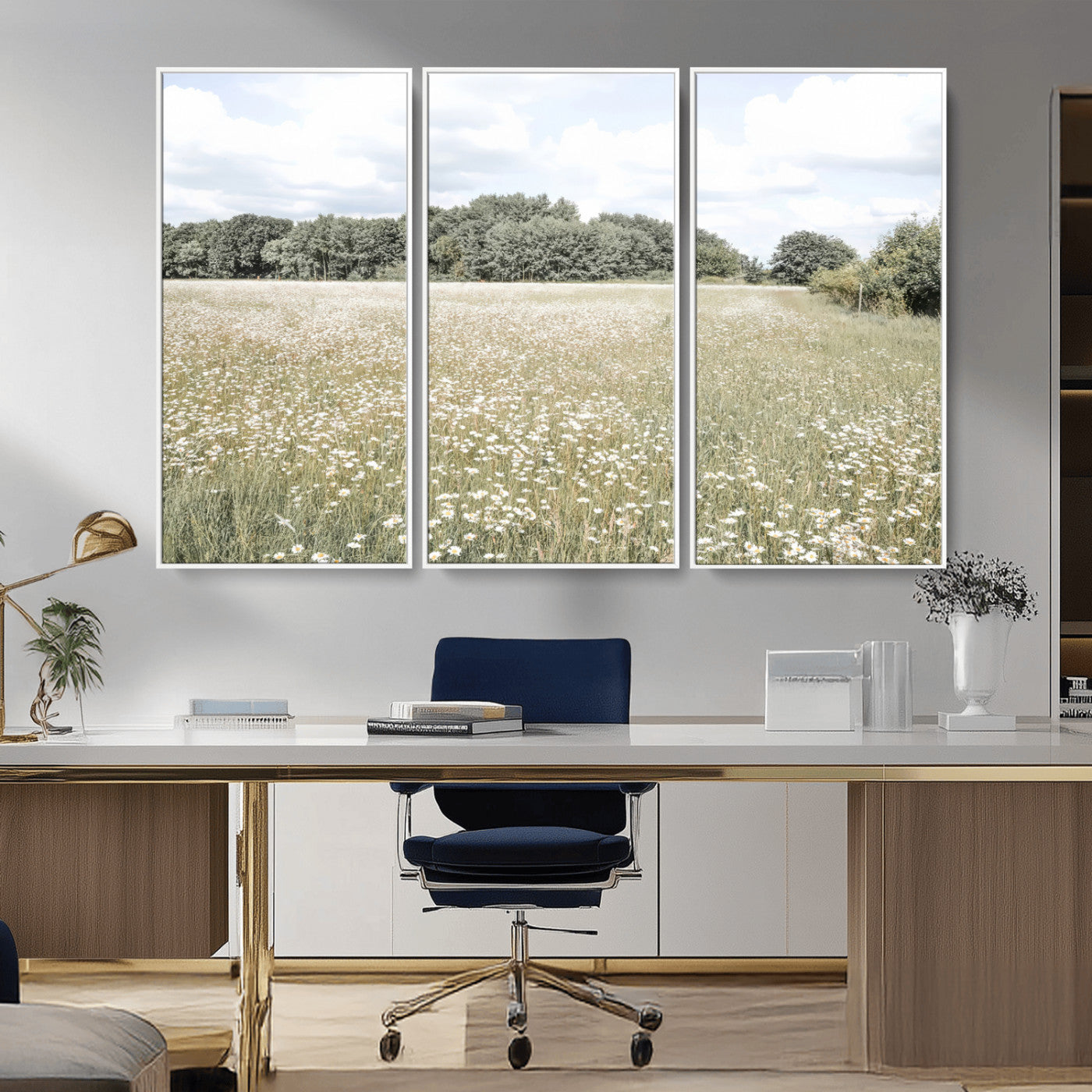 43258946-MGV-CV-36X24-Daisy Field Wall Art Canvas Print, Framed Pastel Flower Art Picture Print, Meadow Bloom Perfect Scandinavian Minimalist Decor