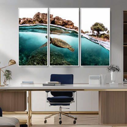 44200301-MGV-CV-36X24-Sea Turtle Swim Wall Art Canvas Print, Framed Ocean Life Art Picture Print, Tropical Shoreline Perfect Tropical Coastal Decor