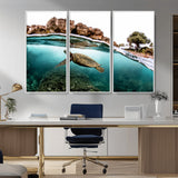 44200301-MGV-CV-36X24-Sea Turtle Swim Wall Art Canvas Print, Framed Ocean Life Art Picture Print, Tropical Shoreline Perfect Tropical Coastal Decor