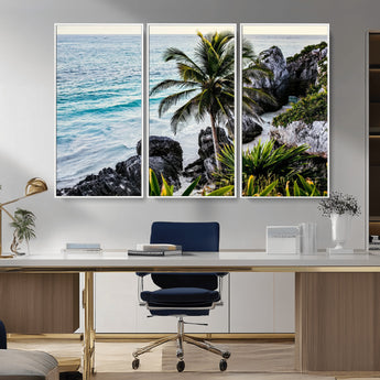 94669907-MGV-FC-48X32-3P_White-Tropical Coastline Wall Art Canvas Print, Framed Palm Tree Art Picture Print, Rocky Beach Perfect Tropical Coastal Decor Artwork