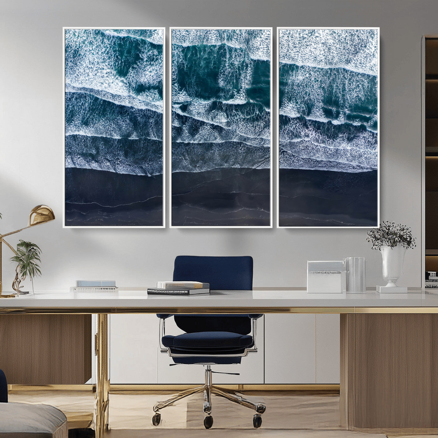 87941475-MGV-CV-36X24-Black Beach Wall Art Canvas Print, Framed Aerial Ocean Art Picture Print, Moody Coastal Perfect Modern Coastal Decor Artwork