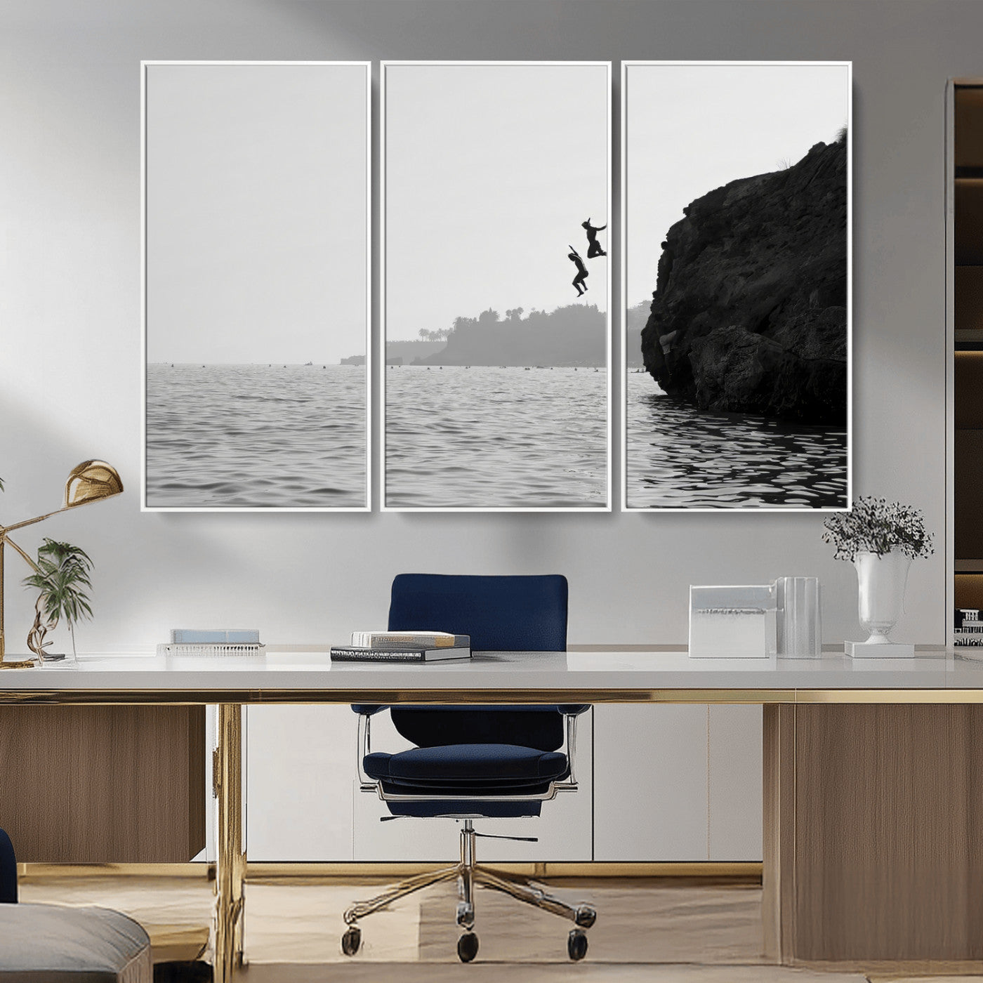 52284302-MGV-CV-36X24-Cliff Jumping Wall Art Canvas Print, Framed Ocean Adventure Art Picture Print, Black White Coast Perfect Modern Coastal Decor