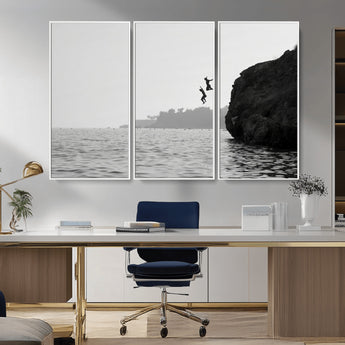 52284302-MGV-CV-36X24-Cliff Jumping Wall Art Canvas Print, Framed Ocean Adventure Art Picture Print, Black White Coast Perfect Modern Coastal Decor