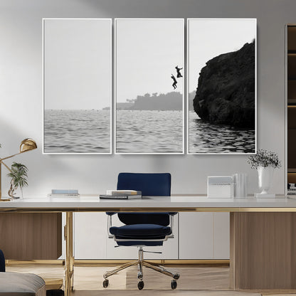 52284302-MGV-CV-36X24-Cliff Jumping Wall Art Canvas Print, Framed Ocean Adventure Art Picture Print, Black White Coast Perfect Modern Coastal Decor