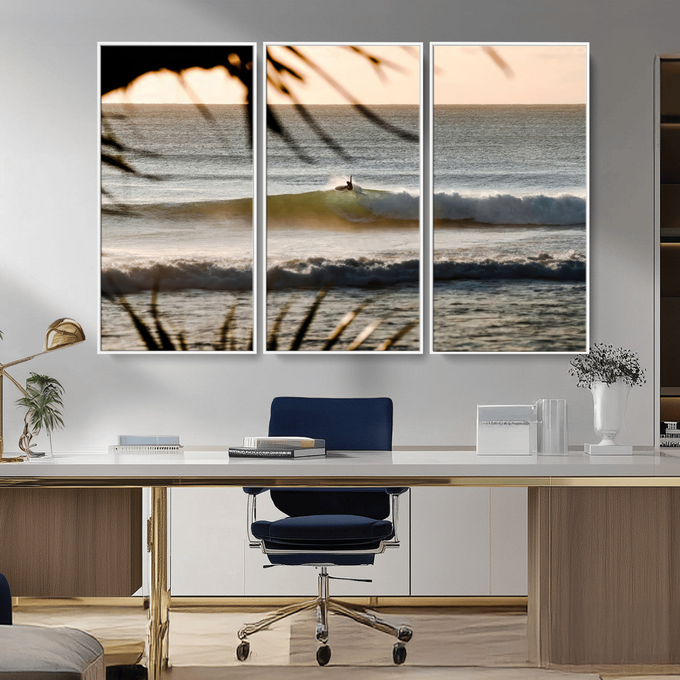 24896468-MGV-CV-36X24-Sunset Surf Wall Art Canvas Print, Framed Golden Waves Art Picture Print, Tropical Ocean Perfect Tropical Boho Decor Artwork