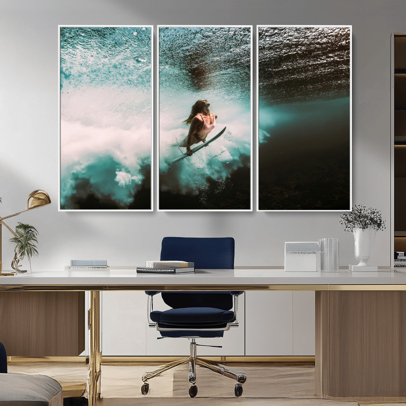 85923512-MGV-CV-36X24-Aquatic Motion Wall Art Canvas Print, Framed Underwater Swimming Art Picture Print, Female Surfer Diving Perfect Coastal Boho