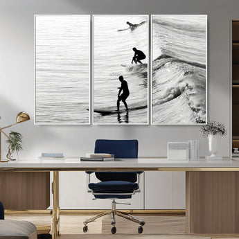 19875284-MGV-CV-36X24-Surfer Waves Wall Art Canvas Print, Framed Black White Surf Art Picture Print, Monochrome Ocean Perfect Modern Coastal Decor