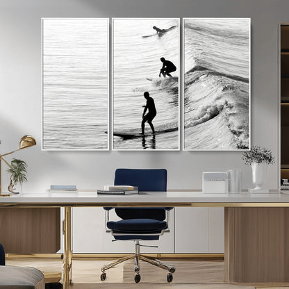 19875284-MGV-CV-36X24-Surfer Waves Wall Art Canvas Print, Framed Black White Surf Art Picture Print, Monochrome Ocean Perfect Modern Coastal Decor