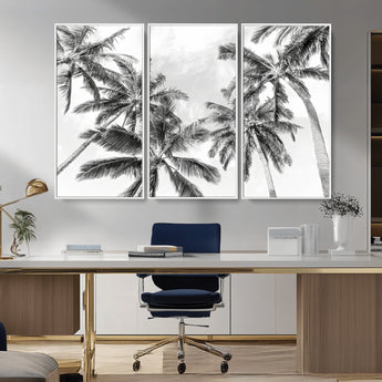 62113786-MGV-CV-36X24-Black White Palm Wall Art Canvas Print, Framed Monochrome Tropics Art Picture Print, Minimalist Beach Perfect Coastal Minimalist