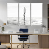 98446901-MGV-CV-36X24-Monochrome Surf Wall Art Canvas Print, Framed Minimalist Surfer Art Picture Print, Surfboard Silhouette Perfect Coastal Minimalist