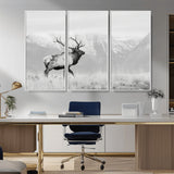 62278753-MGV-CV-36X24-Monochrome Elk Wall Art Canvas Print, Framed Mountain Wildlife Art Picture Print, Rustic Nature Perfect Rustic Minimalist Decor