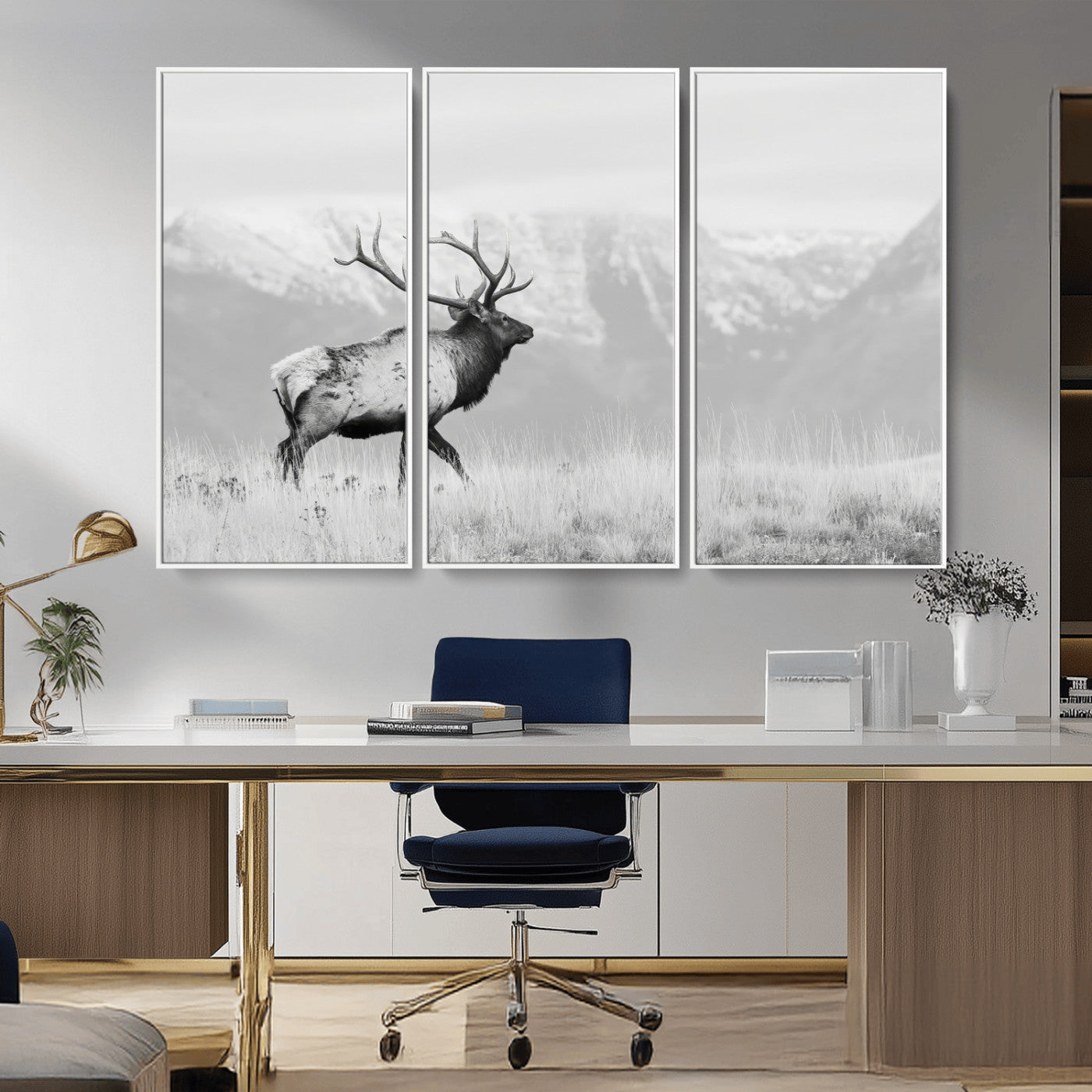 62278753-MGV-FC-48X32-3P_White-Monochrome Elk Wall Art Canvas Print, Framed Mountain Wildlife Art Picture Print, Rustic Nature Perfect Rustic Minimalist Decor