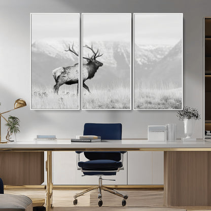 62278753-MGV-FC-48X32-3P_White-Monochrome Elk Wall Art Canvas Print, Framed Mountain Wildlife Art Picture Print, Rustic Nature Perfect Rustic Minimalist Decor
