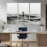 69541918-MGV-CV-36X24-Black White Ocean Wall Art Canvas Print, Framed Moody Seascape Art Picture Print, Surfer Sign Perfect Moody Minimalist Decor