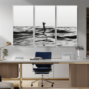 69541918-MGV-CV-36X24-Black White Ocean Wall Art Canvas Print, Framed Moody Seascape Art Picture Print, Surfer Sign Perfect Moody Minimalist Decor