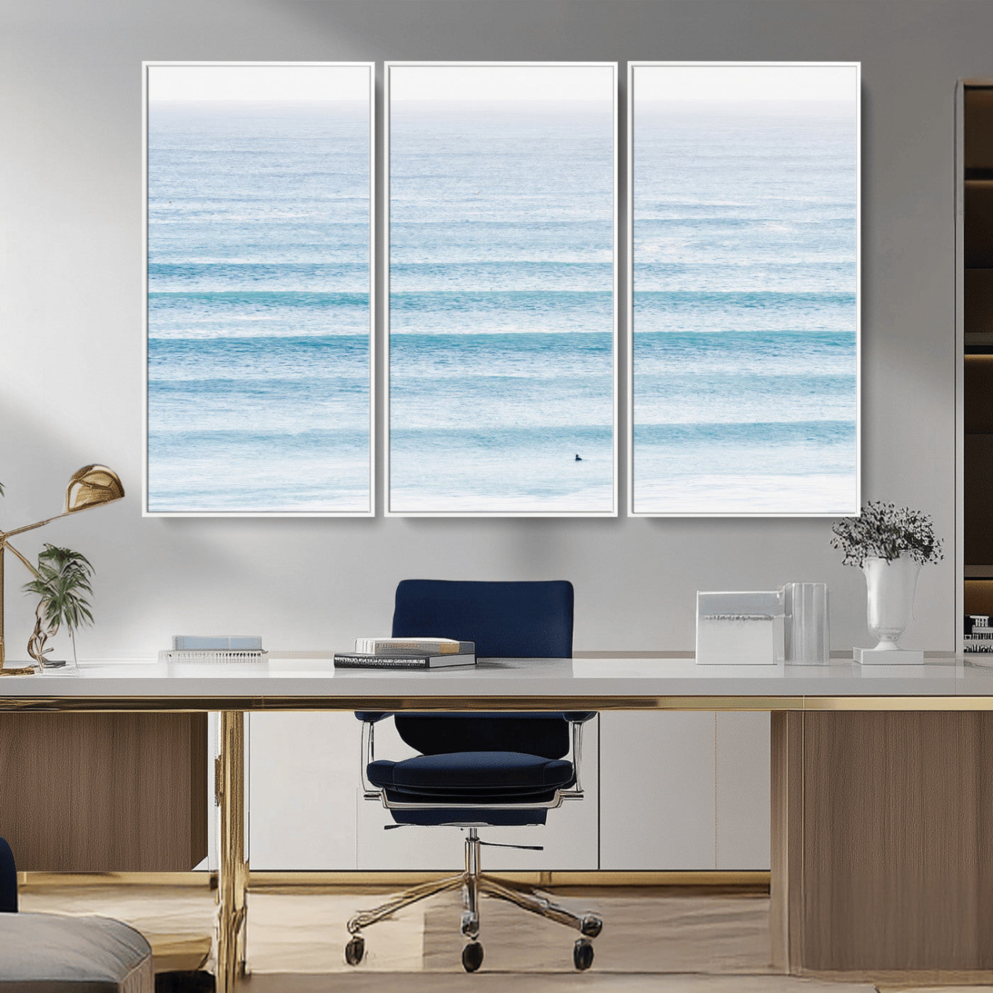 77145995-MGV-CV-36X24-Ocean Simplicity Wall Art Canvas Print, Framed Surfer on Water Art Picture Print, Light Blue Perfect Coastal Minimalist Decor