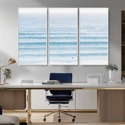 77145995-MGV-CV-36X24-Ocean Simplicity Wall Art Canvas Print, Framed Surfer on Water Art Picture Print, Light Blue Perfect Coastal Minimalist Decor