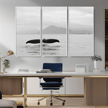 30524220-MGV-CV-36X24-Whale Tail Wall Art Canvas Print, Framed Black White Ocean Art Picture Print, Calm Marine Perfect Minimalist Coastal Decor Artwork