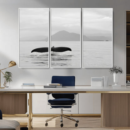 30524220-MGV-CV-36X24-Whale Tail Wall Art Canvas Print, Framed Black White Ocean Art Picture Print, Calm Marine Perfect Minimalist Coastal Decor Artwork